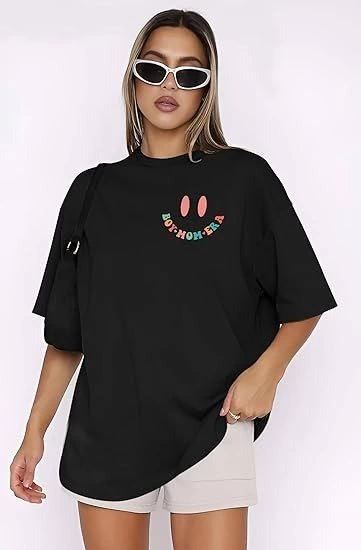 Kadın Baskılı T-Shirt Kısa Kol Bisiklet Yaka Oversize Rahat Kalıp Tişört - Siyah