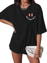 Kadın Baskılı T-Shirt Kısa Kol Bisiklet Yaka Oversize Rahat Kalıp Tişört - Siyah
