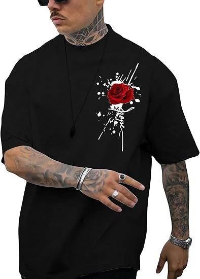 Erkek Kısa Kol Yazlık Tişört Bisiklet Yaka GÜL Baskılı T-Shirt - Siyah