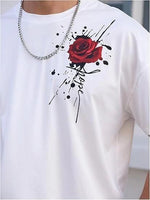 Erkek Kısa Kol Yazlık Tişört Bisiklet Yaka GÜL Baskılı T-Shirt - Beyaz