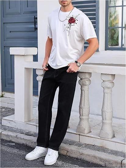 Erkek Kısa Kol Yazlık Tişört Bisiklet Yaka GÜL Baskılı T-Shirt - Beyaz