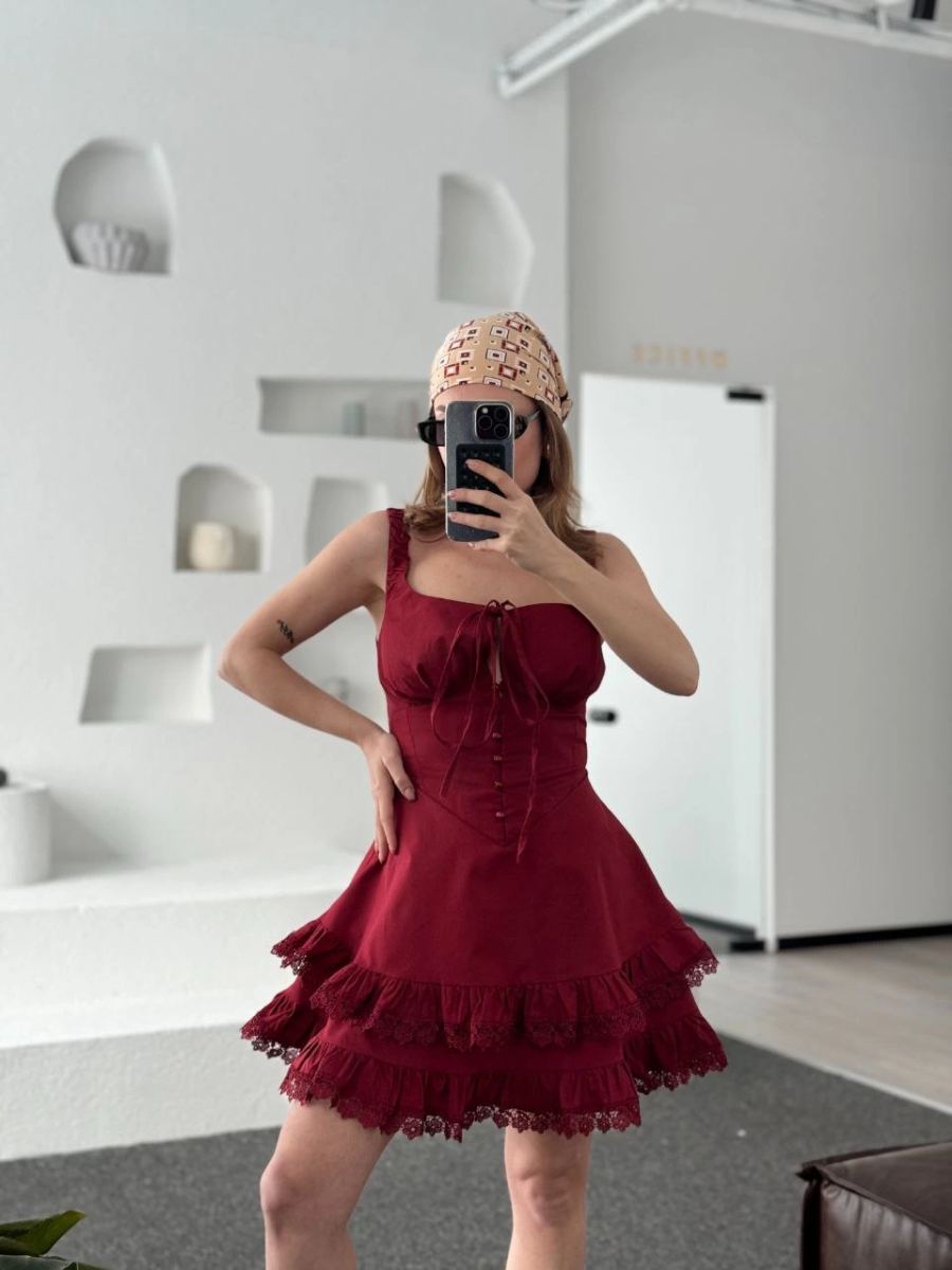 Kadın Mini Askılı Elbise - Bordo