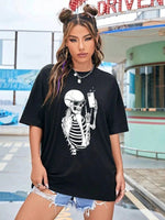 Kadın iskelet Baskılı T-Shirt Kısa Kol Bisiklet Yaka Oversize Tişört - Siyah