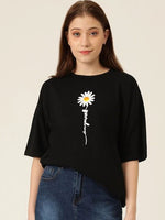 Kadın Papatya Baskılı T-Shirt Kısa Kol Bisiklet Yaka Oversize  Tişört - Siyah