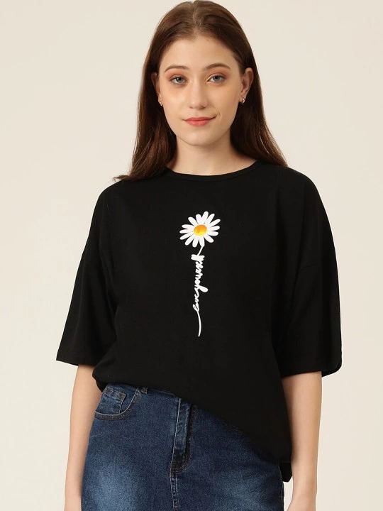 Kadın Papatya Baskılı T-Shirt Kısa Kol Bisiklet Yaka Oversize  Tişört - Siyah
