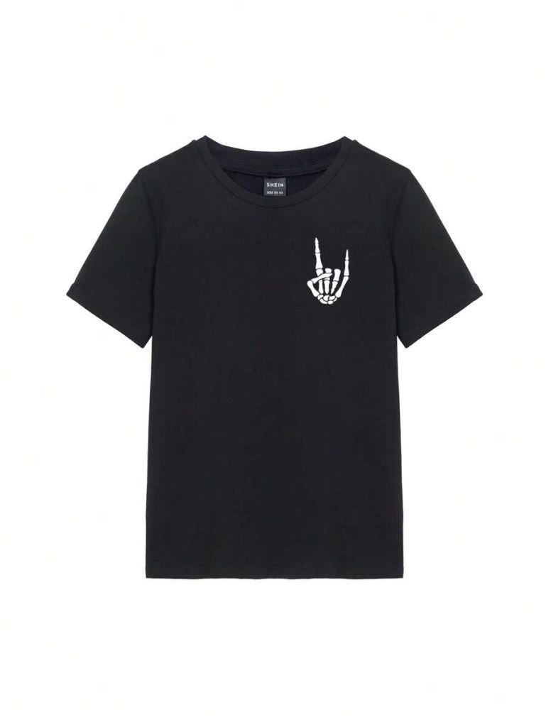 Kadın Baskılı T-Shirt Kısa Kol Bisiklet Yaka Oversize Rahat Kalıp Tişört - Siyah