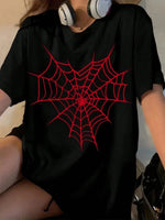 Kadın Örümcek Ağ Baskılı T-Shirt Kısa Kol Bisiklet Yaka Oversize Tişört - Siyah