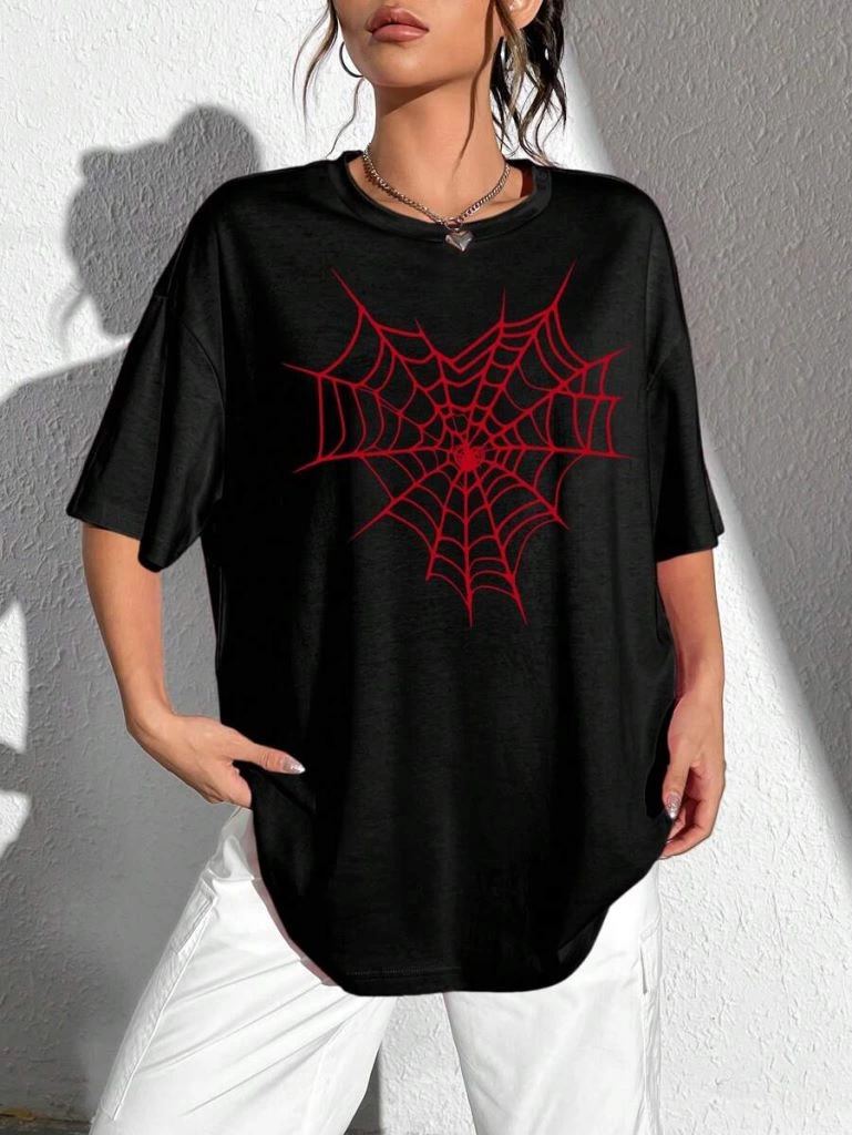 Kadın Örümcek Ağ Baskılı T-Shirt Kısa Kol Bisiklet Yaka Oversize Tişört - Siyah