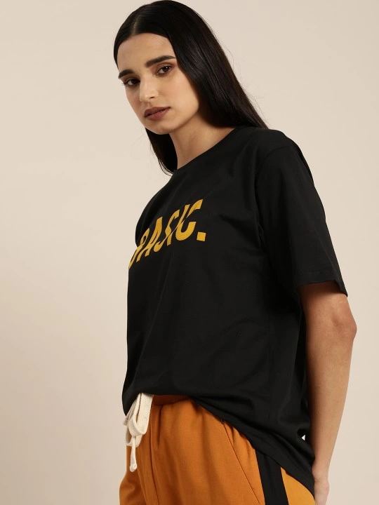 Kadın Kısa Kol Yazlık Tişört Bisiklet Yaka BASIC Baskılı T-Shirt - Siyah