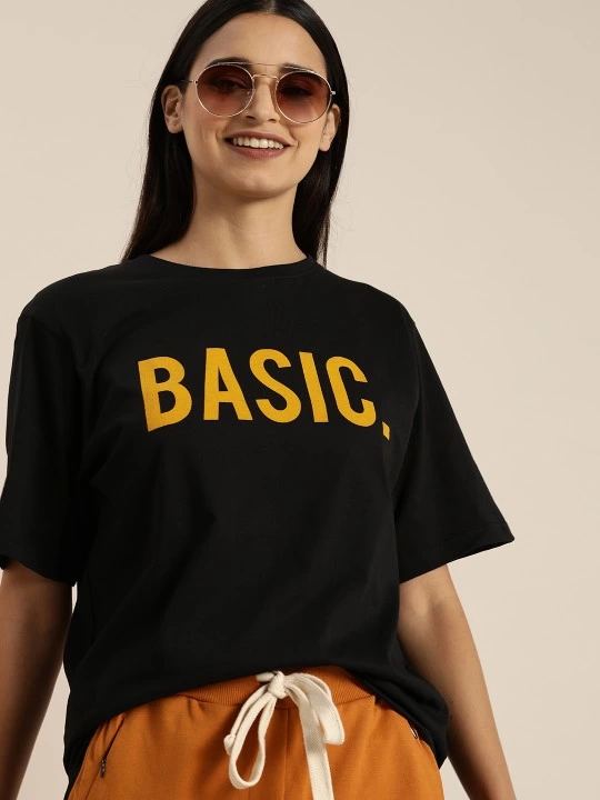 Kadın Kısa Kol Yazlık Tişört Bisiklet Yaka BASIC Baskılı T-Shirt - Siyah