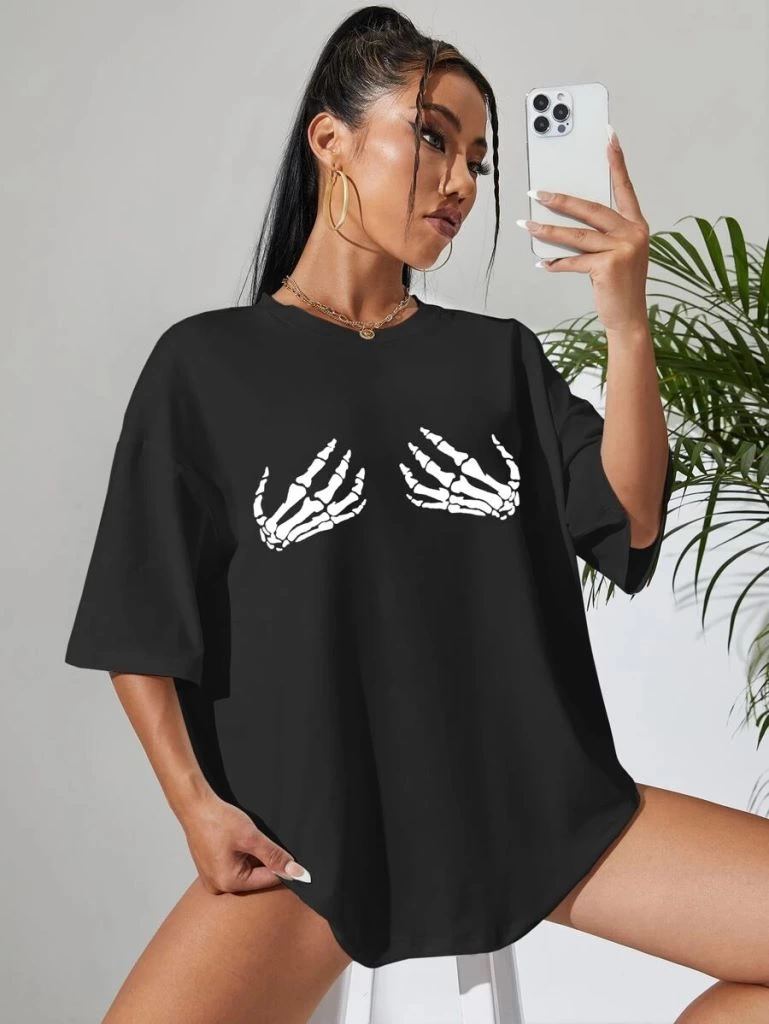 Kadın Baskılı T-Shirt Kısa Kol Bisiklet Yaka Oversize Rahat Kalıp Tişört - Siyah