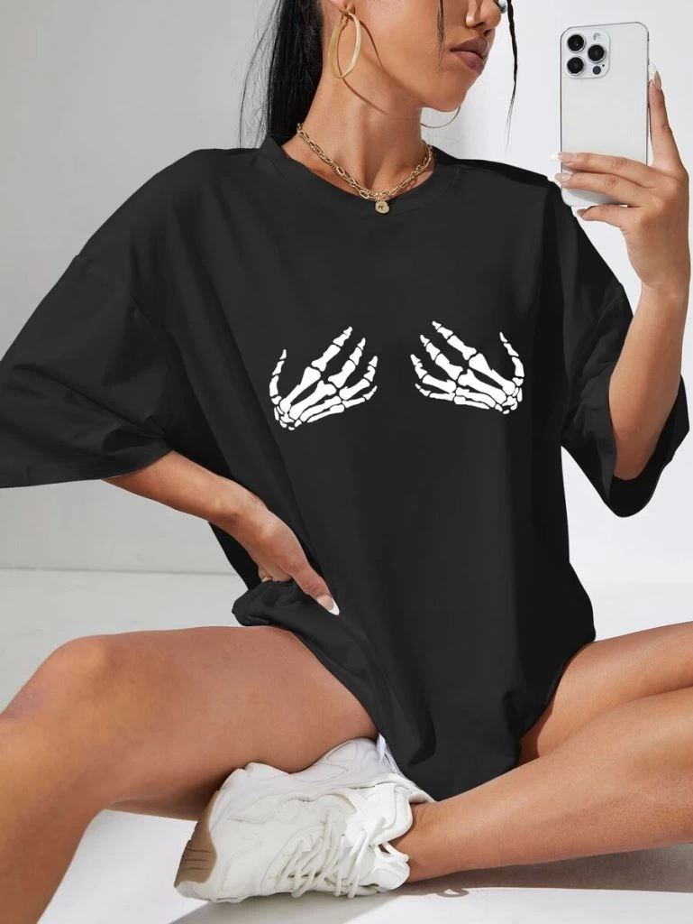 Kadın Baskılı T-Shirt Kısa Kol Bisiklet Yaka Oversize Rahat Kalıp Tişört - Siyah
