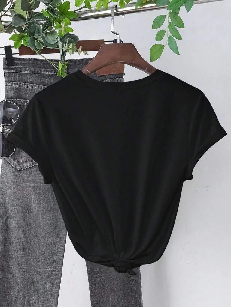 Kadın Kısa Kol Yazlık Tişört Bisiklet Yaka Baskılı Oversize T-Shirt - Siyah