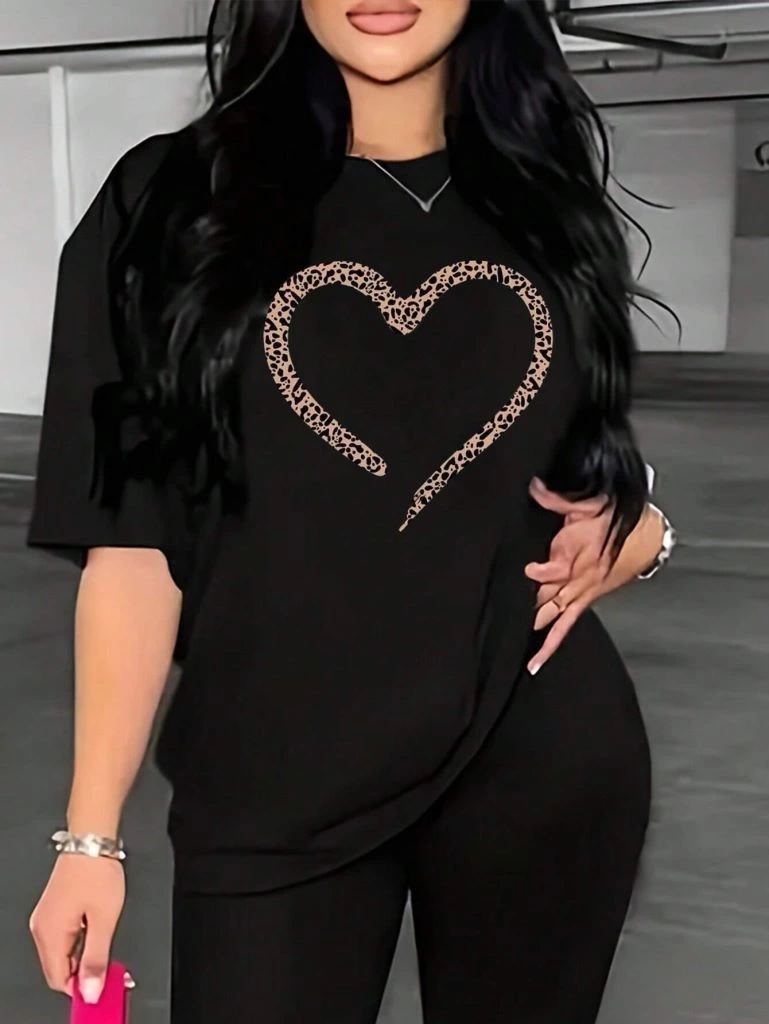 Kadın Kalp Baskılı T-Shirt Kısa Kol Bisiklet Yaka Oversize Tişört - Siyah