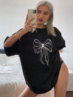 Kadın Fiyonk Baskılı T-Shirt Kısa Kol Bisiklet Yaka Oversize Tişört - Siyah