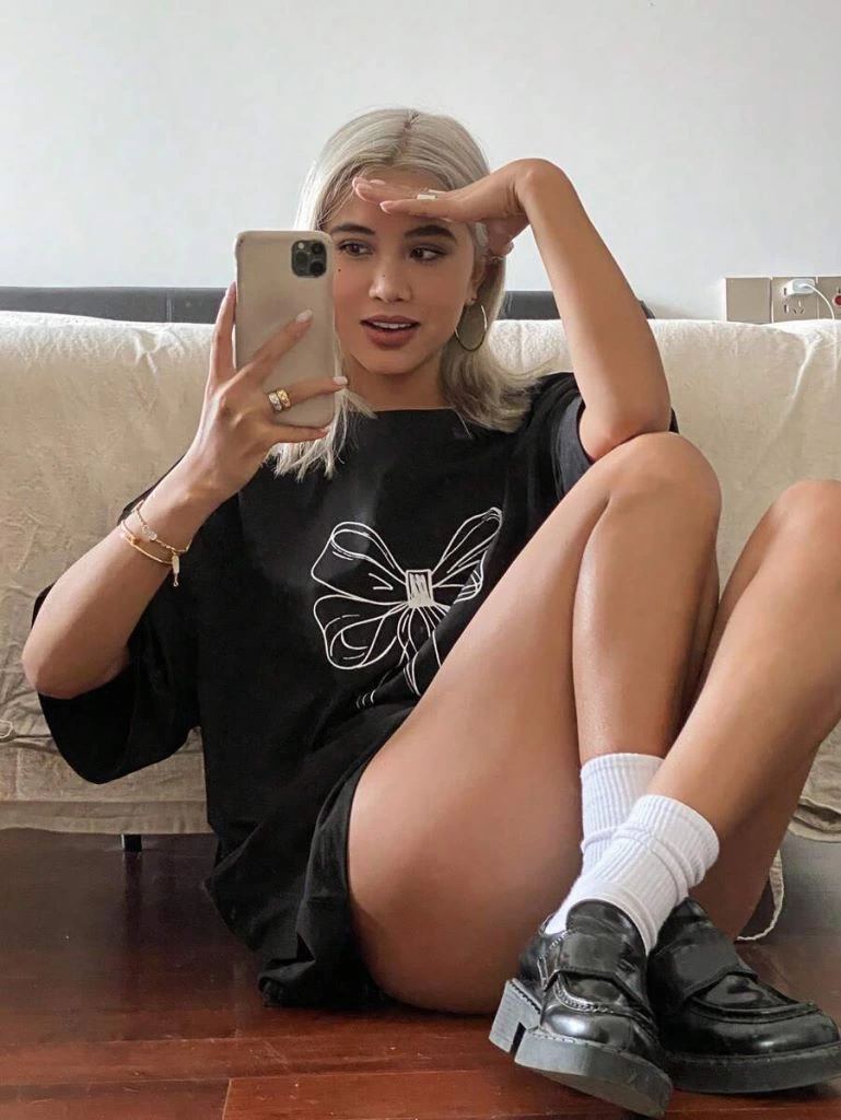 Kadın Fiyonk Baskılı T-Shirt Kısa Kol Bisiklet Yaka Oversize Tişört - Siyah
