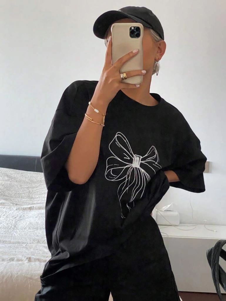 Kadın Fiyonk Baskılı T-Shirt Kısa Kol Bisiklet Yaka Oversize Tişört - Siyah