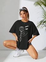 Kadın Tişört Baskılı Kısa kol Oversize T-shirt - Siyah