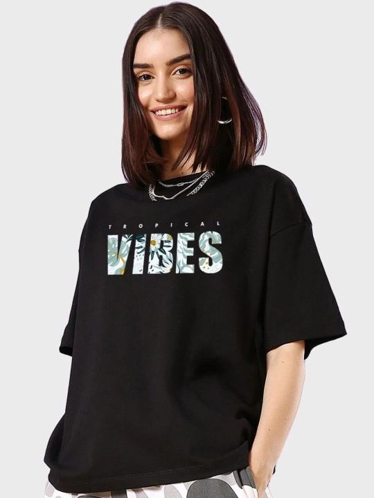 Kadın Kısa Kol Yazlık Tişört Bisiklet Yaka VIBES Baskılı T-Shirt - Siyah