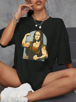 Kadın Baskılı T-Shirt Kısa Kol Bisiklet Yaka Oversize Rahat Kalıp Tişört - Siyah
