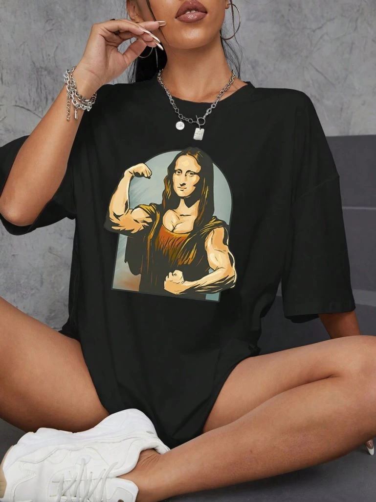 Kadın Baskılı T-Shirt Kısa Kol Bisiklet Yaka Oversize Rahat Kalıp Tişört - Siyah