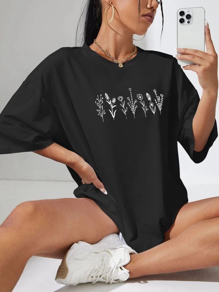 Kadın Baskılı T-Shirt Kısa Kol Bisiklet Yaka Oversize Rahat Kalıp Tişört - Siyah