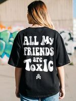 Kadın Kısa Kol Yazlık Tişört Bisiklet Yaka Baskılı Oversize T-Shirt - Siyah