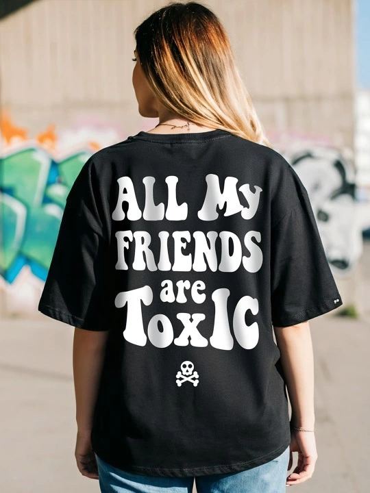 Kadın Kısa Kol Yazlık Tişört Bisiklet Yaka Baskılı Oversize T-Shirt - Siyah