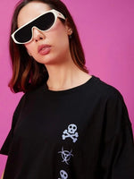 Kadın Kısa Kol Yazlık Tişört Bisiklet Yaka Baskılı Oversize T-Shirt - Siyah