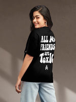 Kadın Kısa Kol Yazlık Tişört Bisiklet Yaka Baskılı Oversize T-Shirt - Siyah