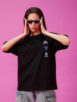 Kadın Kısa Kol Yazlık Tişört Bisiklet Yaka Baskılı Oversize T-Shirt - Siyah