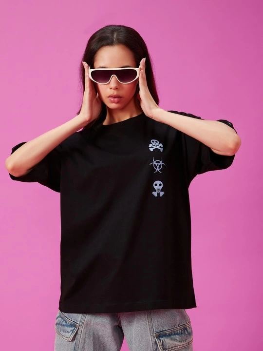 Kadın Kısa Kol Yazlık Tişört Bisiklet Yaka Baskılı Oversize T-Shirt - Siyah