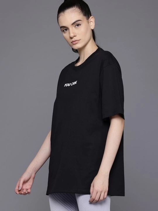 Kadın Baskılı T-Shirt Kısa Kol Bisiklet Yaka Oversize Rahat Kalıp Tişört - Siyah