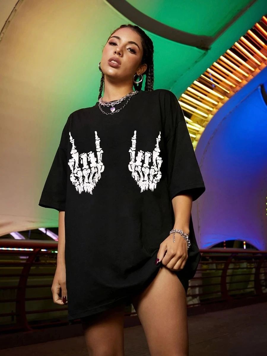 Kadın Baskılı T-Shirt Kısa Kol Bisiklet Yaka Oversize Rahat Kalıp Tişört - Siyah