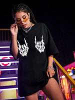 Kadın Baskılı T-Shirt Kısa Kol Bisiklet Yaka Oversize Rahat Kalıp Tişört - Siyah