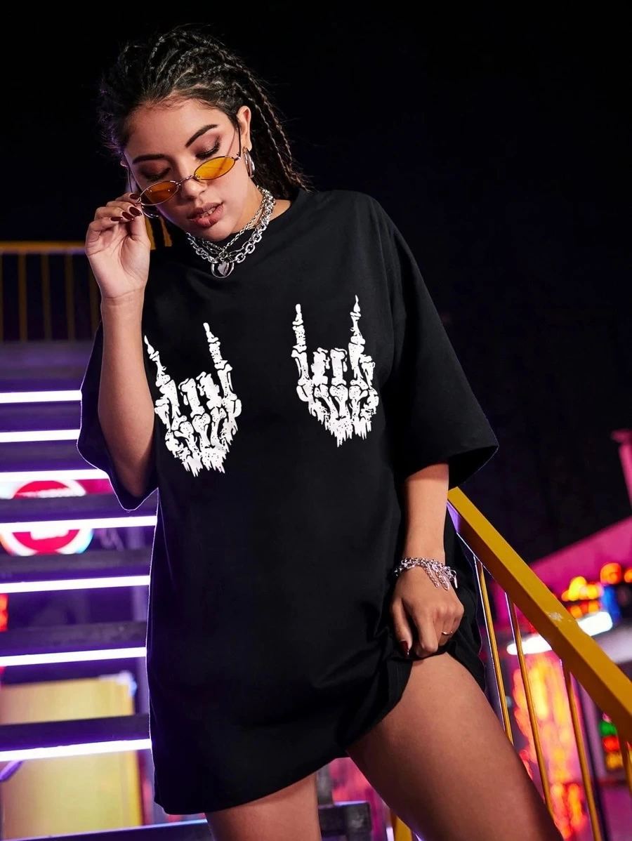 Kadın Baskılı T-Shirt Kısa Kol Bisiklet Yaka Oversize Rahat Kalıp Tişört - Siyah