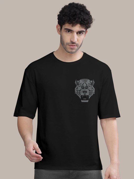 Erkek Kısa Kol Yazlık Tişört Bisiklet Yaka ASLAN Baskılı T-Shirt - Siyah