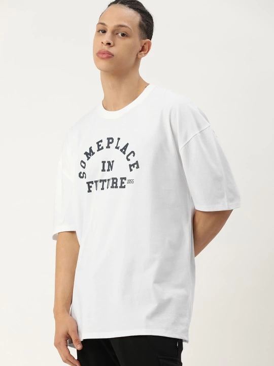 Erkek Kısa Kol Yazlık Tişört Bisiklet Yaka Baskılı Oversize T-Shirt - Beyaz