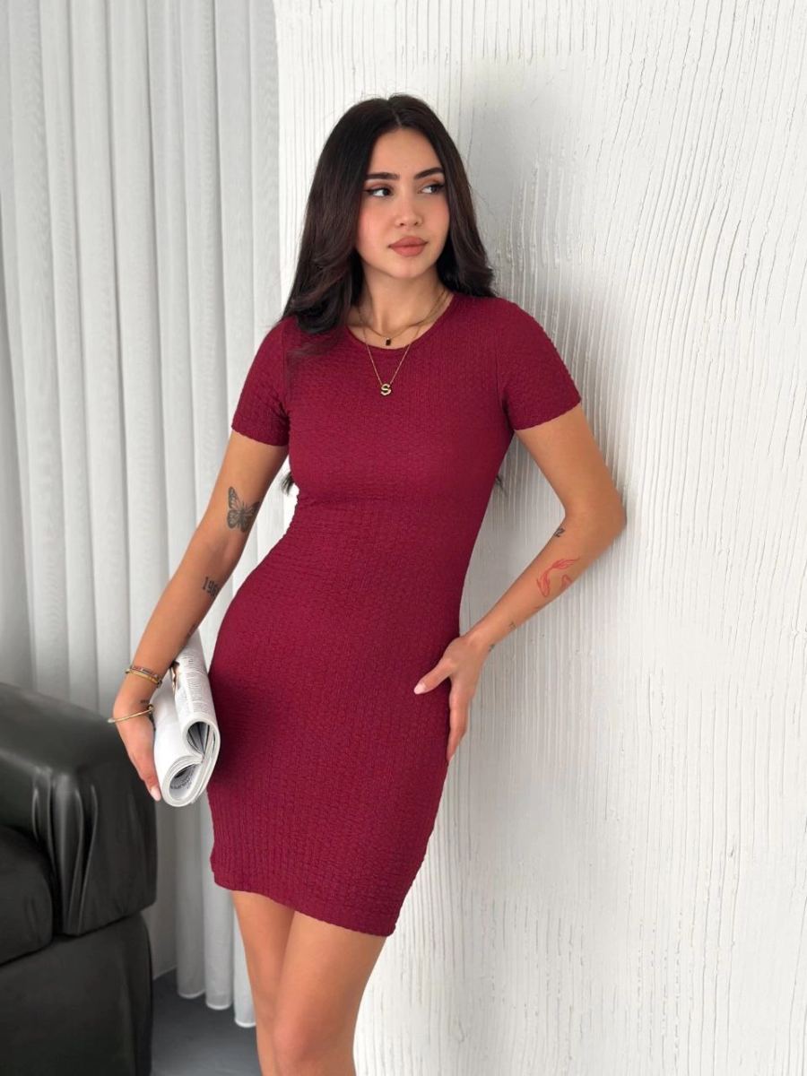 Kadın Bisiklet Yaka Kısa Kol Likralı Elbise - Bordo
