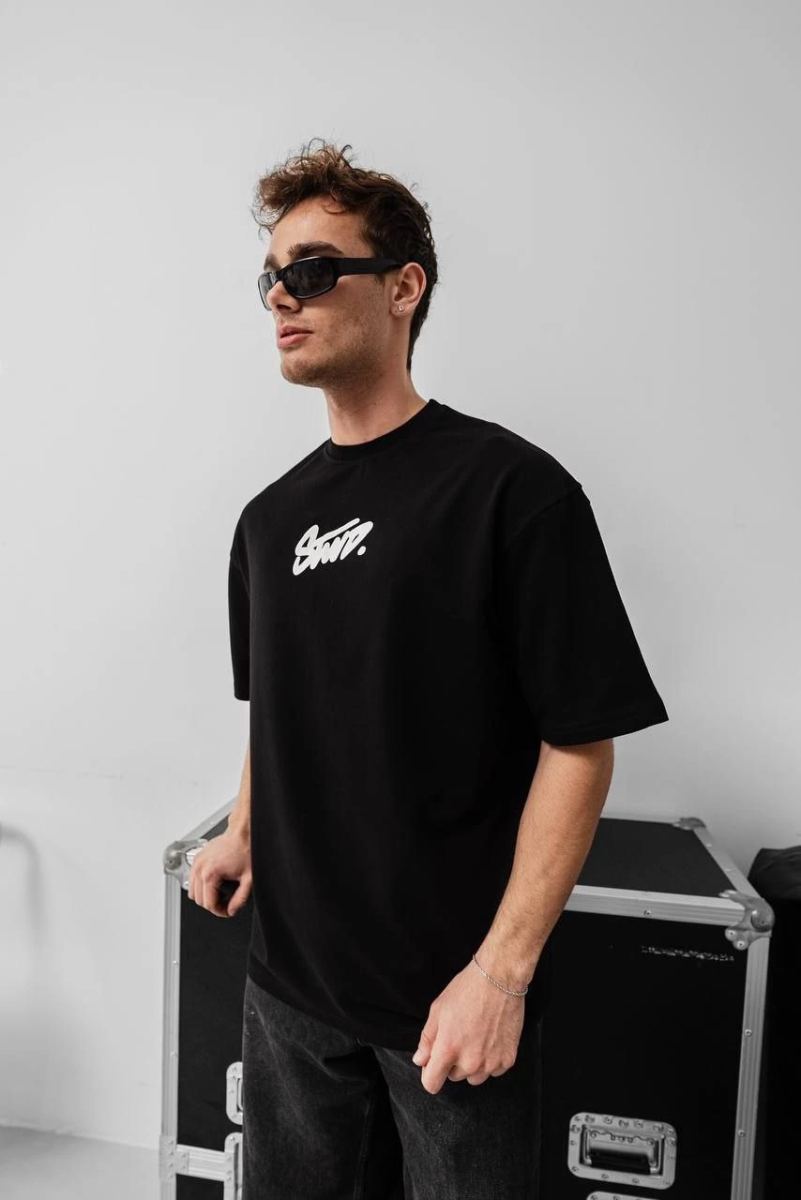 Erkek Kısa Kol Yazlık Tişört Bisiklet Yaka Baskılı Oversize T-Shirt - Siyah