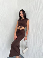 Osy Modal Yumuşak Dokulu Kumaş Büzgülü Crop Etek Takım -Kahverengi
