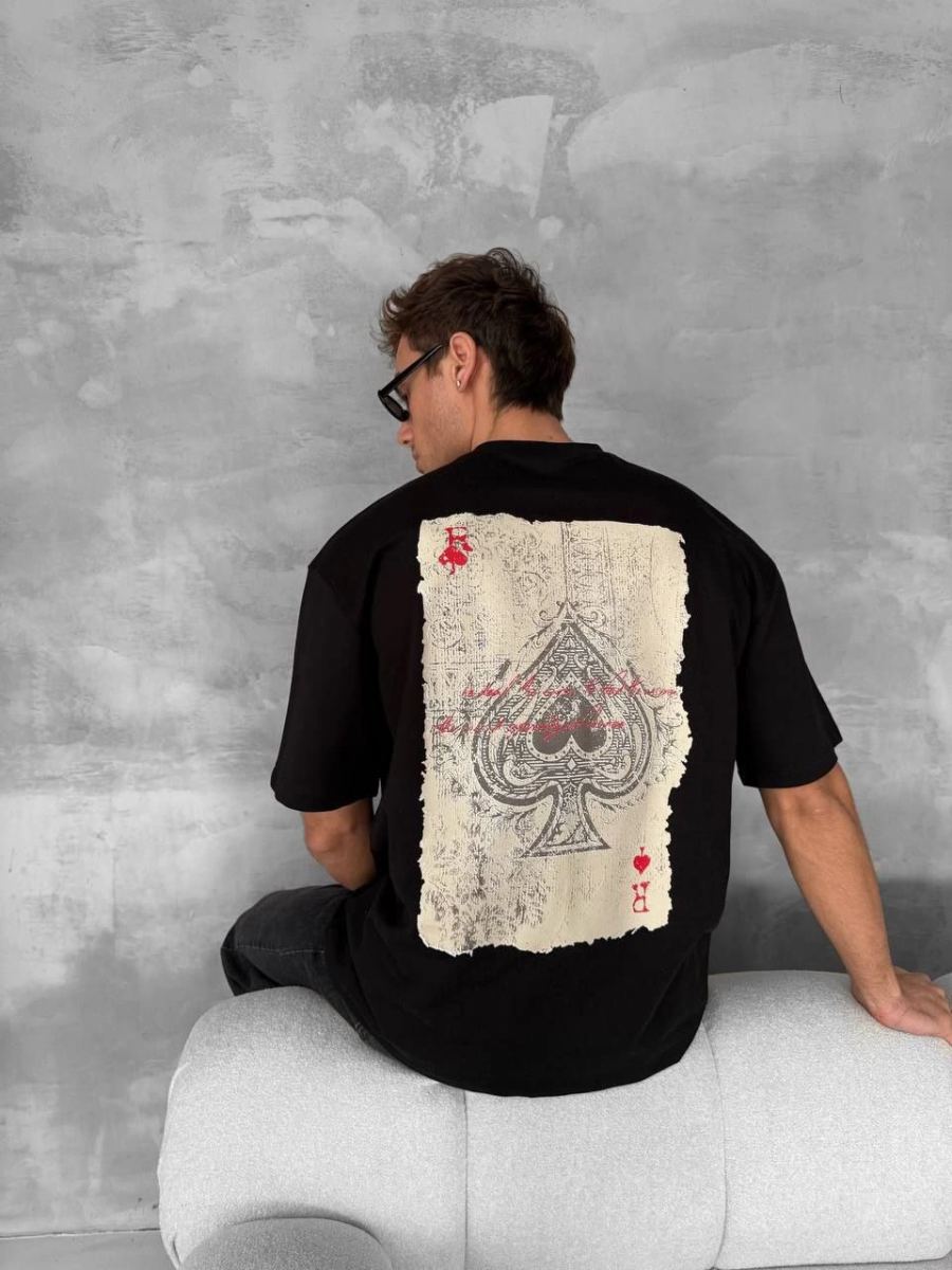 ERKEK Tişört Kısa Kol Ön ve Arka Baskılı Oversize Bisiklet Yaka T-shirt - Siyah