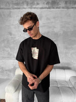 ERKEK Tişört Kısa Kol Ön ve Arka Baskılı Oversize Bisiklet Yaka T-shirt - Siyah