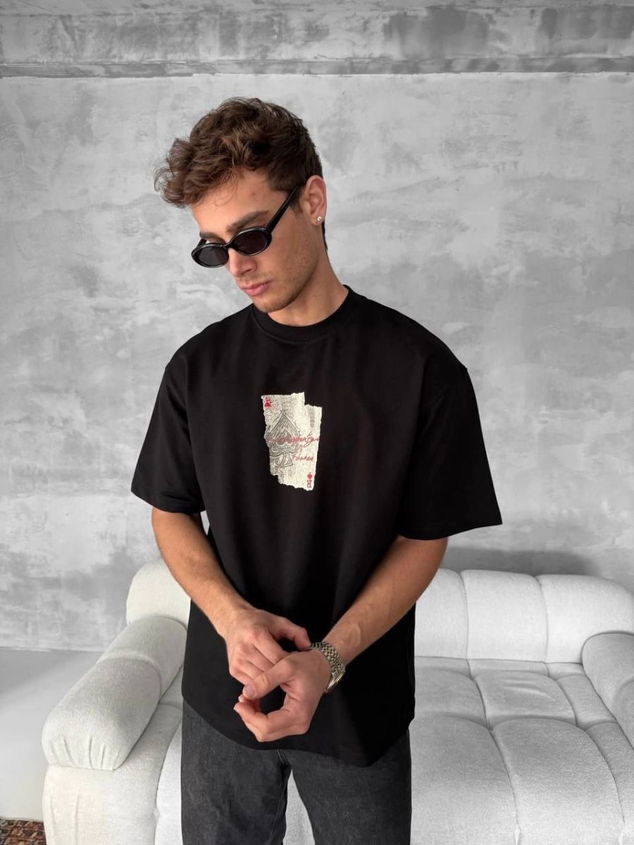 ERKEK Tişört Kısa Kol Ön ve Arka Baskılı Oversize Bisiklet Yaka T-shirt - Siyah