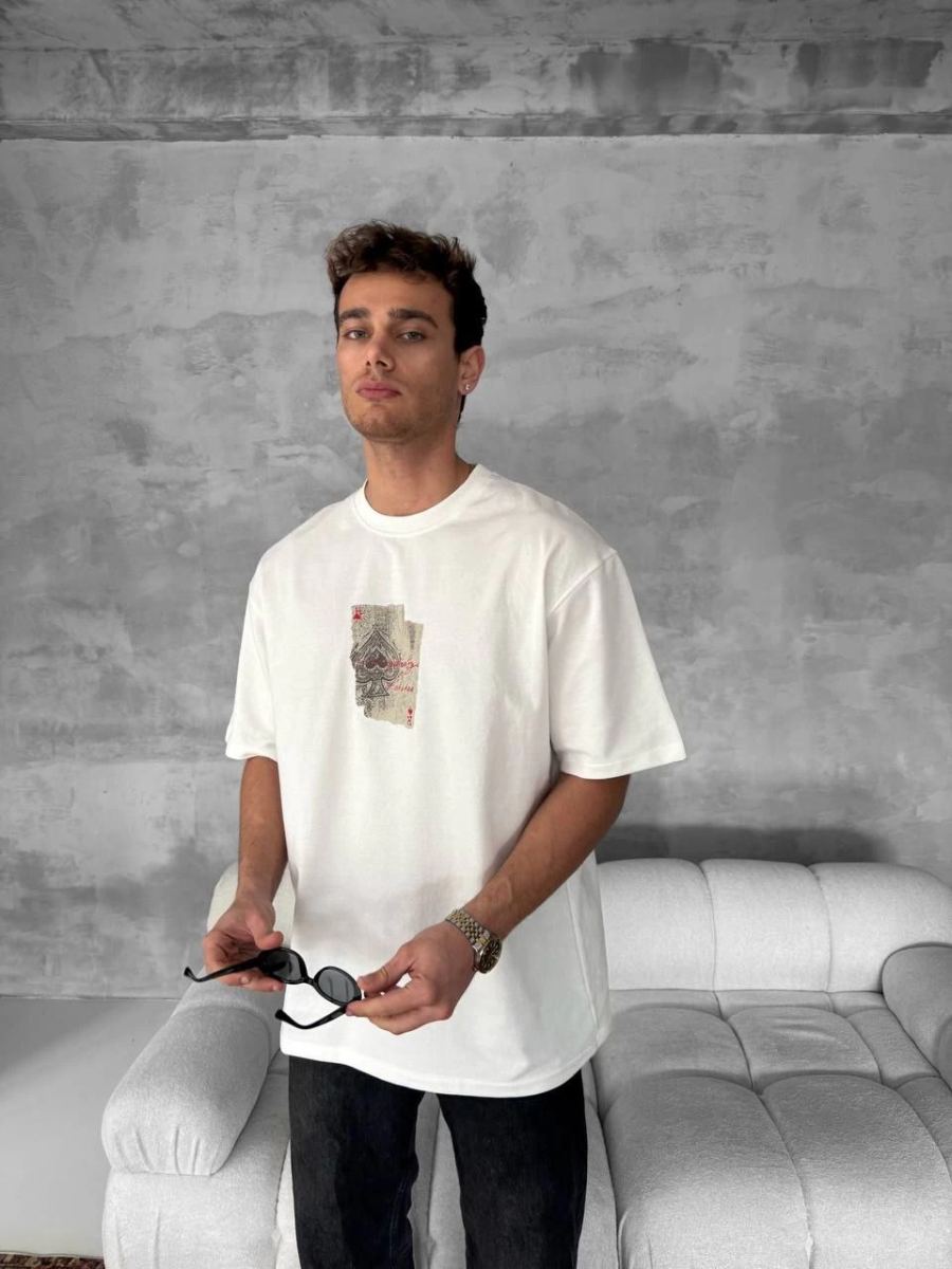 ERKEK Tişört Kısa kol Ön ve Arka Baskılı Oversize Bisiklet Yaka T-Shirt - Beyaz