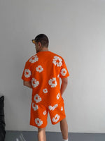 Erkek İki İplik Kumaş Oversize Baskılı T-shirt Şortlu ikili Alt-Üst Takım- Turuncu