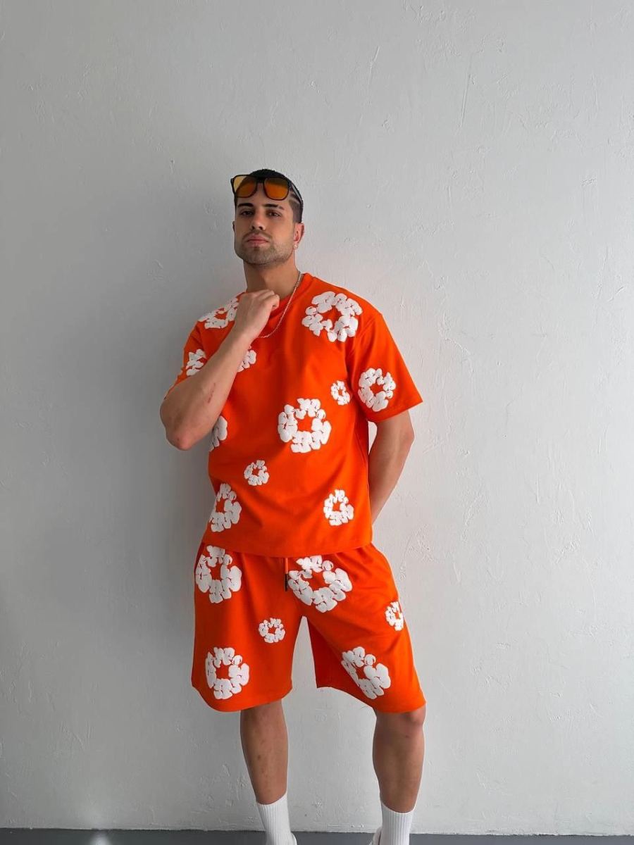 Erkek İki İplik Kumaş Oversize Baskılı T-shirt Şortlu ikili Alt-Üst Takım- Turuncu