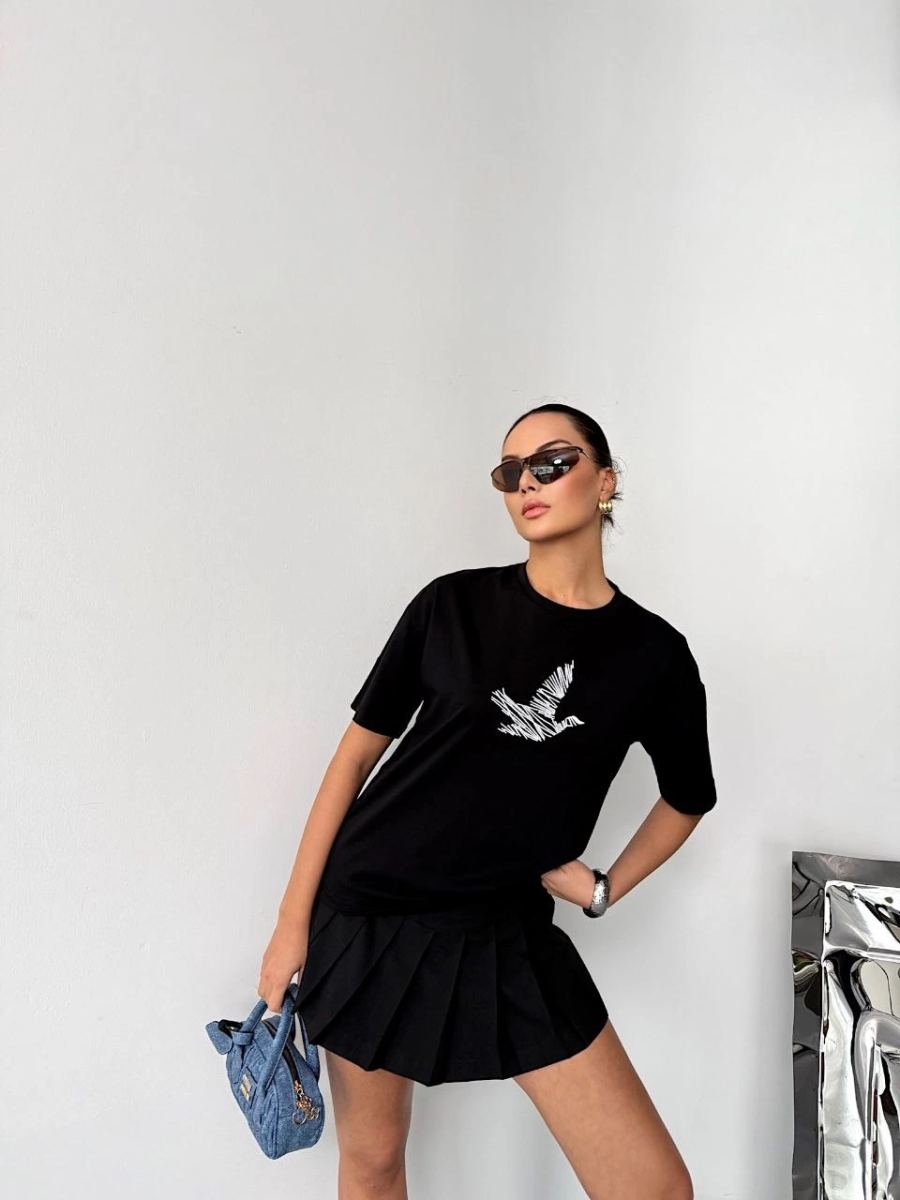 Kadın Kısa Kol Yazlık Tişört Bisiklet Yaka Baskılı Oversize T-Shirt - Siyah