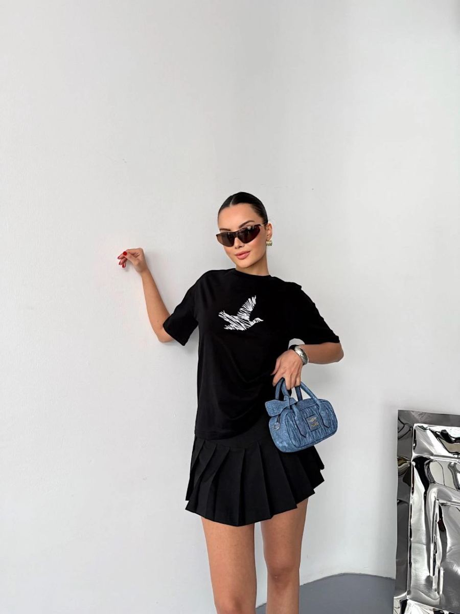 Kadın Kısa Kol Yazlık Tişört Bisiklet Yaka Baskılı Oversize T-Shirt - Siyah