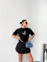 Kadın Kısa Kol Yazlık Tişört Bisiklet Yaka Baskılı Oversize T-Shirt - Siyah